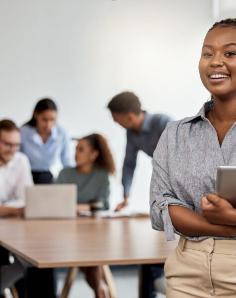 Smile, boardroom and portrait of a black woman with a tablet for training, meeting or teamwork. Happy, business and a corporate employee with technology in a work office for company planning.